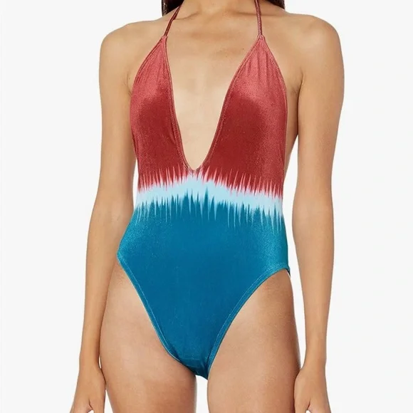 NWT The Bikini Lab Dip Dye Plunge Neck One-Piece Swimsuit in Teal Size S - Picture 1 of 10